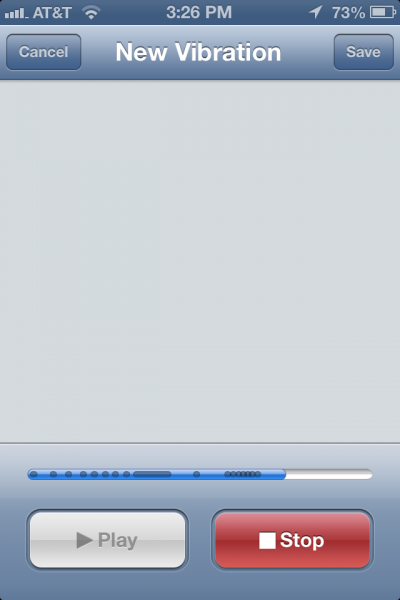 Zrzut ekranu interfejsu użytkownika do tworzenia niestandardowych wibracji w systemie iOS 6