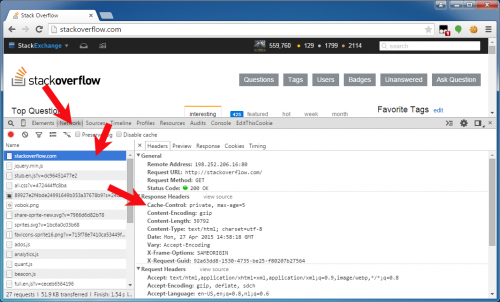 Chrome developer toolset Monitor ruchu HTTP pokazujący nagłówki odpowiedzi HTTP na stackoverflow.com