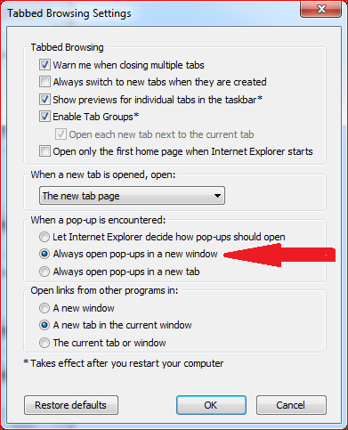 Okno ustawień karty Internet Explorer