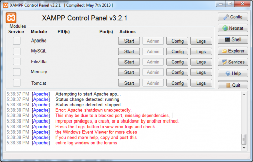 Błąd podczas uruchamiania Apache w panelu kontrolnym XAMPP