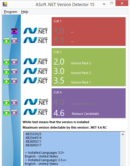 Migawka tego narzędzia pokazująca różne wersje. NET