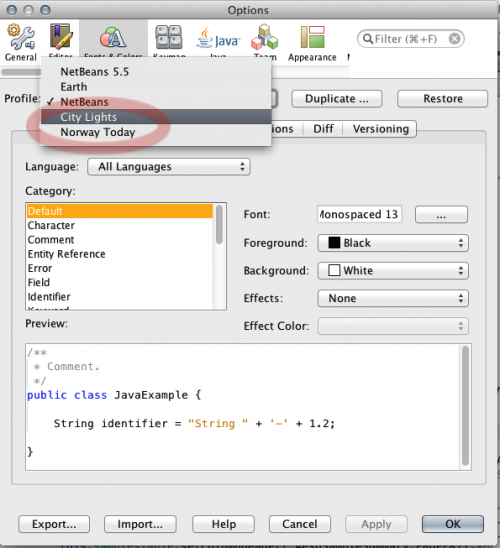 zrzut ekranu z wyboru jednego z wbudowanych ciemnych motywów w NetBeans 8 Prefences > czcionki i kolory > menu podręczne profilu
