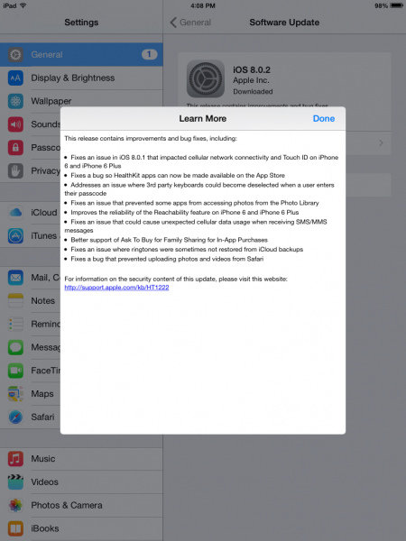 Zrzut ekranu dziennika zmian aktualizacji iOS 8.0.2