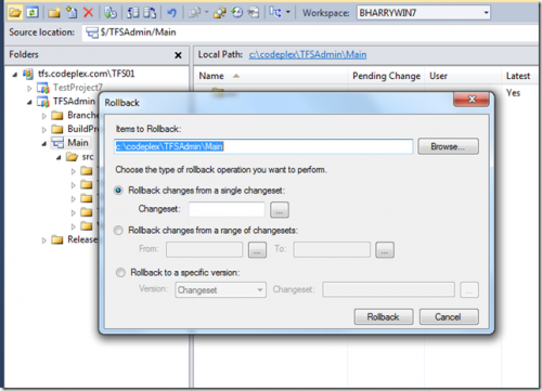 Rollback Changeset w interfejsie użytkownika dla TFS 2010