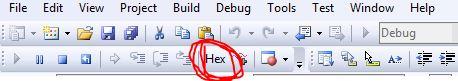 Tryb debugowania Visual Studio-hex button