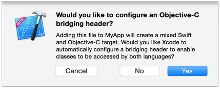 Okno dialogowe w stylu arkusza macOS z Xcode z pytaniem, czy " chcesz skonfigurować nagłówek mostkowy Objective-C"