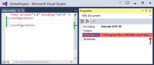 Zrzut ekranu programu Visual Studio pokazujący, gdzie znaleźć i zmienić właściwość "Schemas" twojego .plik config < / code>