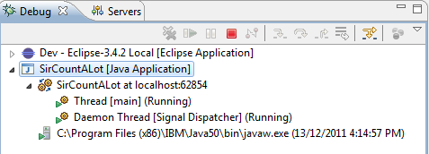Zrzut ekranu pokazujący ilość wątków z Eclipse