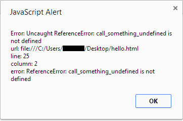 Alert Javascript pokazujący informacje o błędzie wyszczególnione przez okno.Zdarzenie onerror